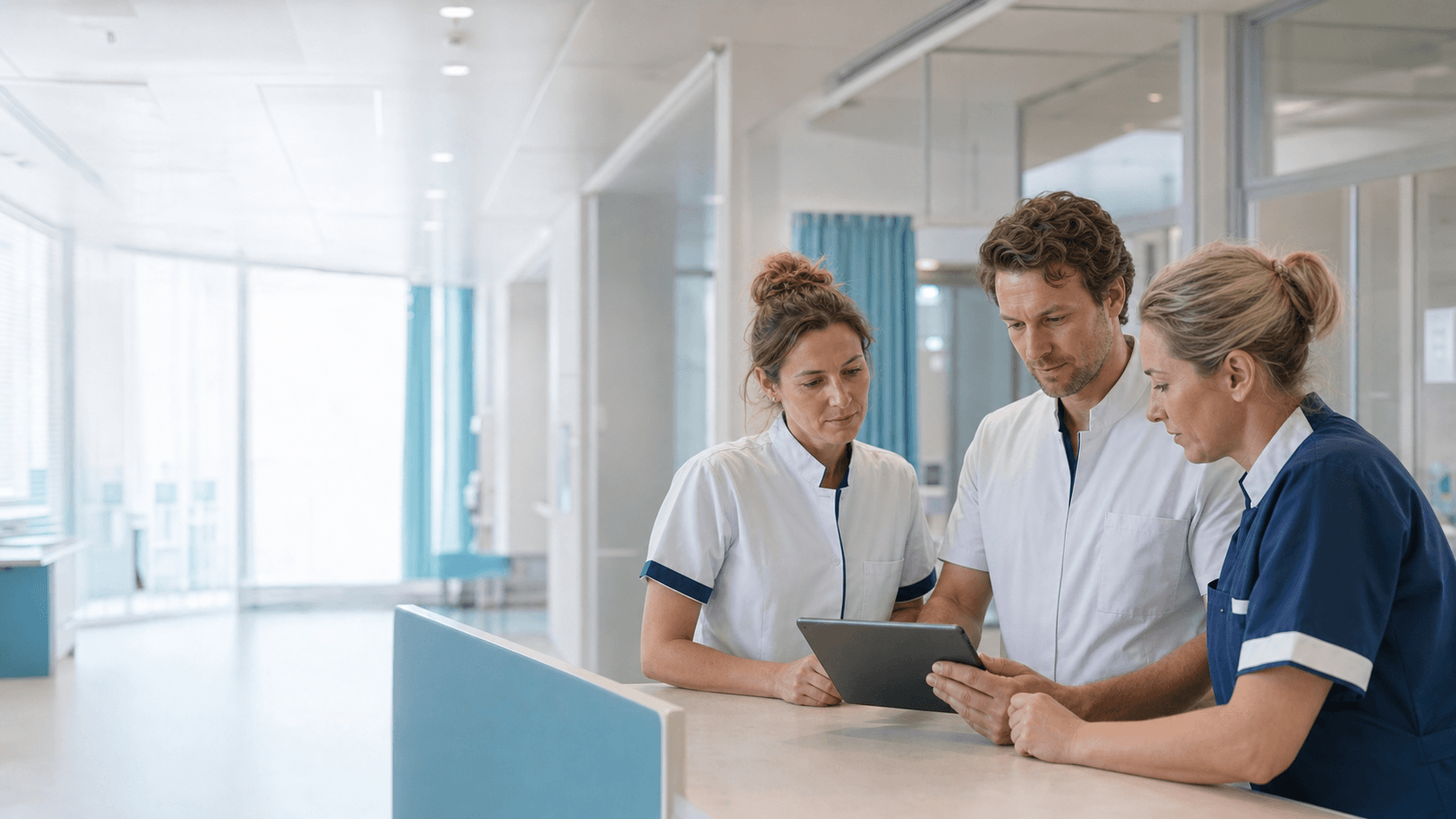 Zorgprofessionals bespreken patiëntcommunicatie in een moderne klinische werkruimte